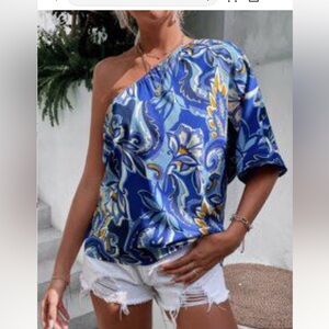 SHEIN Blue Paisley One-Shoulder Blouse